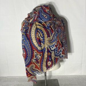Vintage Arcuri By Marcelo Tarantino Red Blue Beige Paisley Wool Scarf Wrap